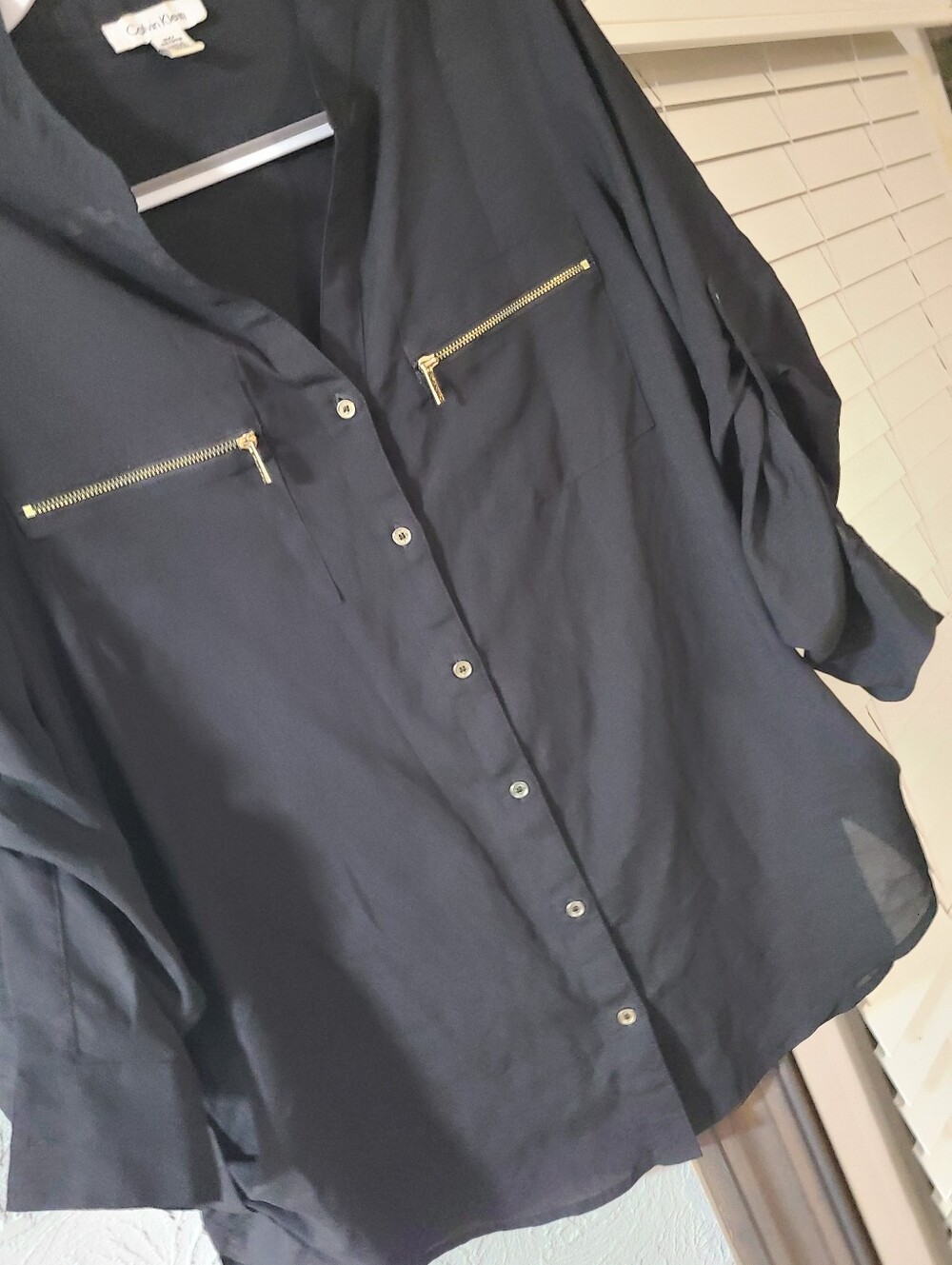 Calvin Klein Black roll-sleeve utility Button-Front Shirt Gold Zipper Accents - Picture 12 of 16